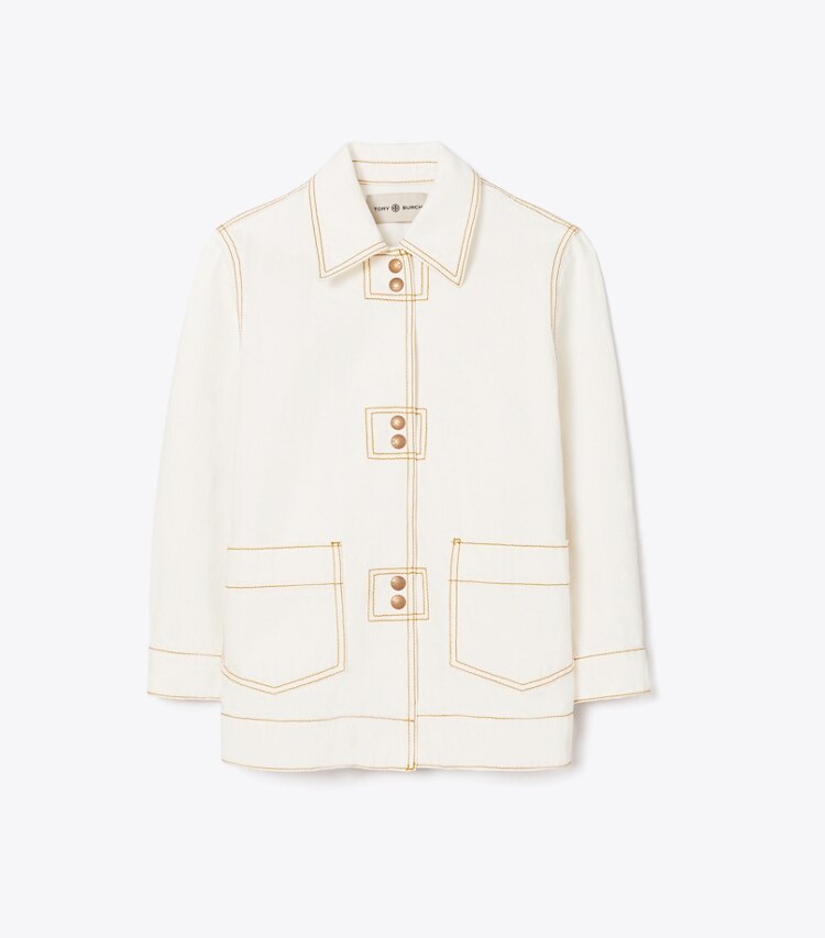 Tory Burch designer jackets Denim Shirt Jacket in White Wash front