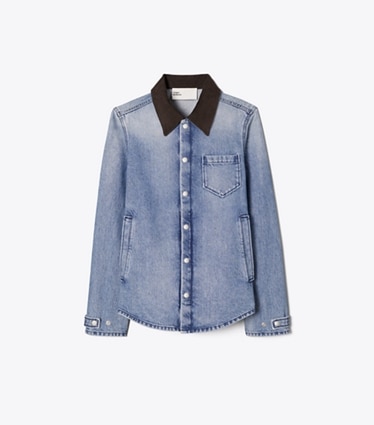 Tory Burch designer jackets Denim Shirt Jacket in Light Vintage Wash front