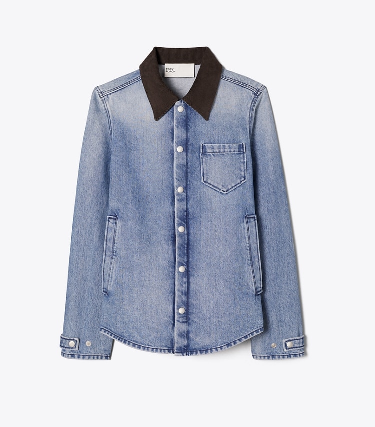 Tory Burch designer jackets Denim Shirt Jacket in Light Vintage Wash front