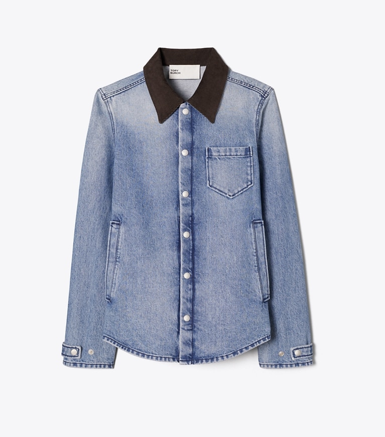 Tory Burch designer jackets Denim Shirt Jacket in Light Vintage Wash front