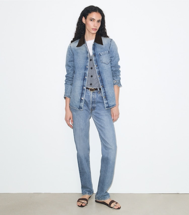 Tory Burch designer jackets Denim Shirt Jacket in Light Vintage Wash on model front