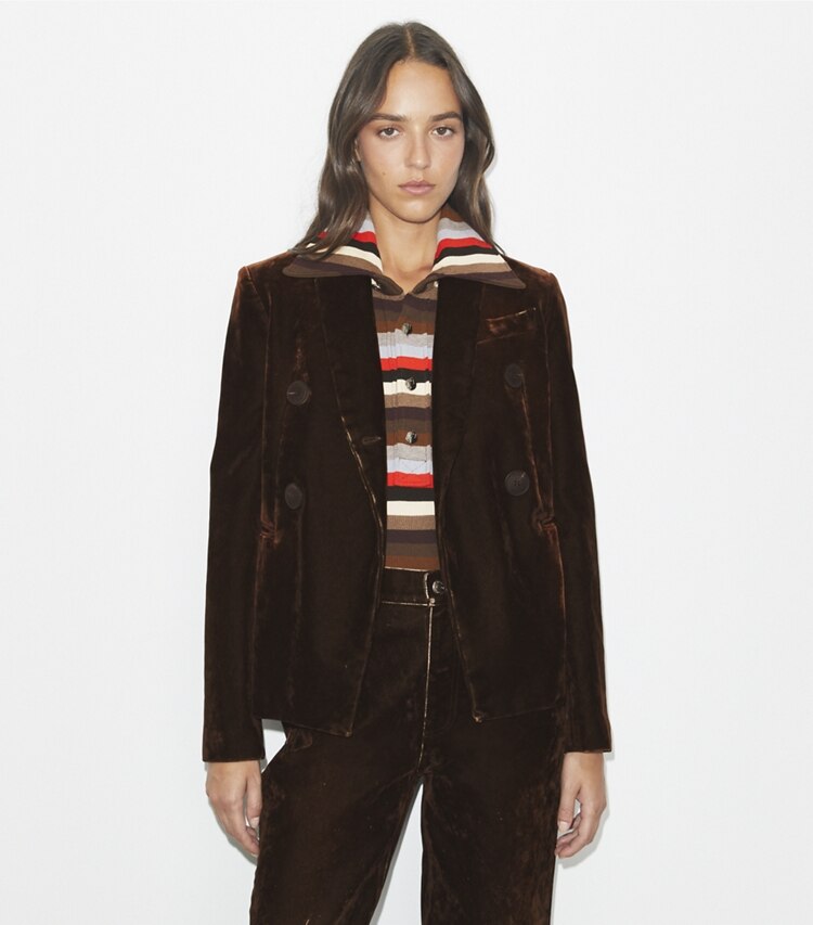 Tory Burch designer jacken Denimblazer in Jasper Brown on model detail