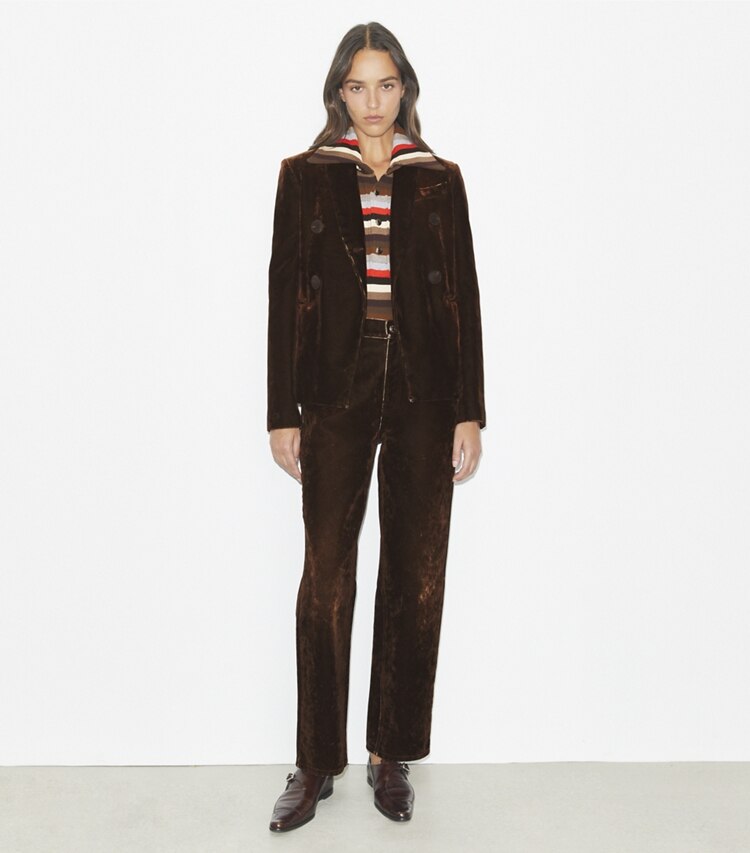 Tory Burch designer jacken Denimblazer in Jasper Brown modell von vorn