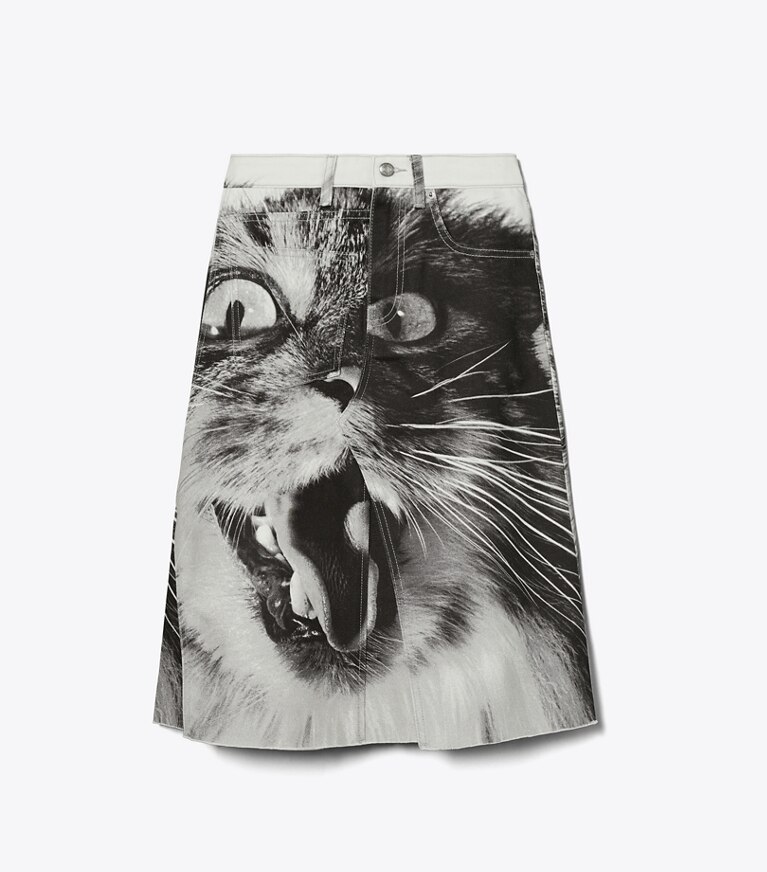 Tory Burch designer unterteile Denimrock mit Katzen-Print in Gray Cat Portrait front