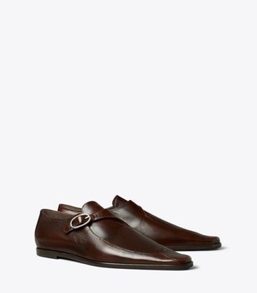 Tory Burch designer mocassins Derbys avec bride à boucle en biais in BARK BROWN angle