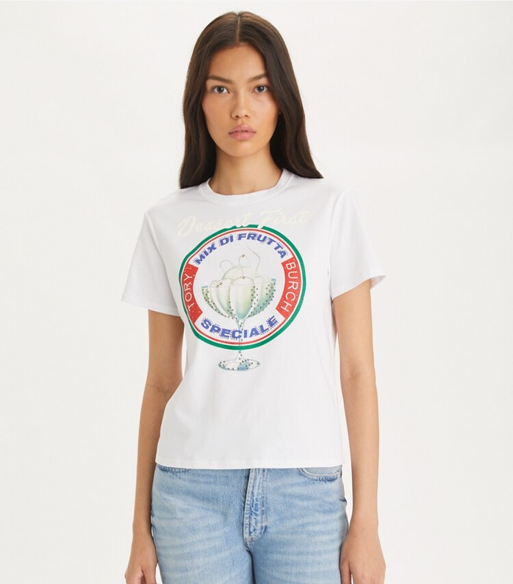 Tory Burch designer tops Dessert T-Shirt in White on model detail
