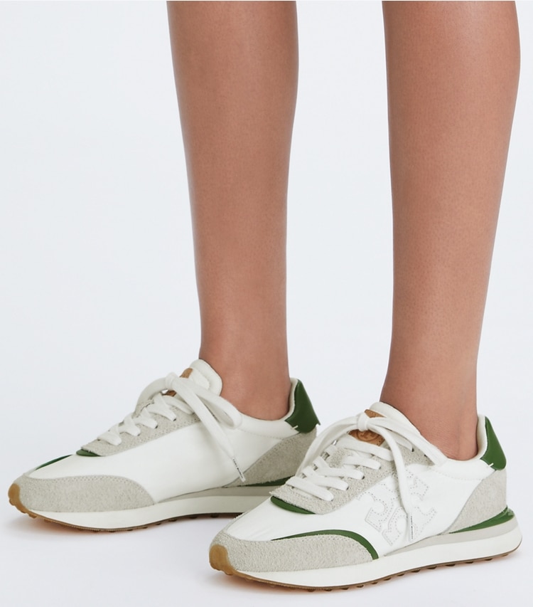 Tory Burch designer スニーカー デスティニー トレーナー in WHITE / WHITE / PALE GREEN additional on model
