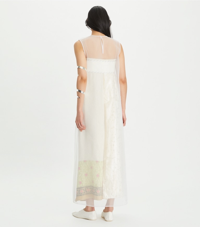 Tory Burch designer dresses Devoré Dress with Sheer Overlay in New Ivory on model back