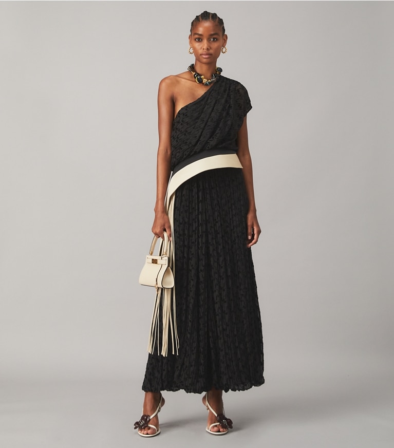 Tory Burch designer dresses Devoré Dress with Trapunto Belt Detail in STENCIL FLORAL DEVORE front