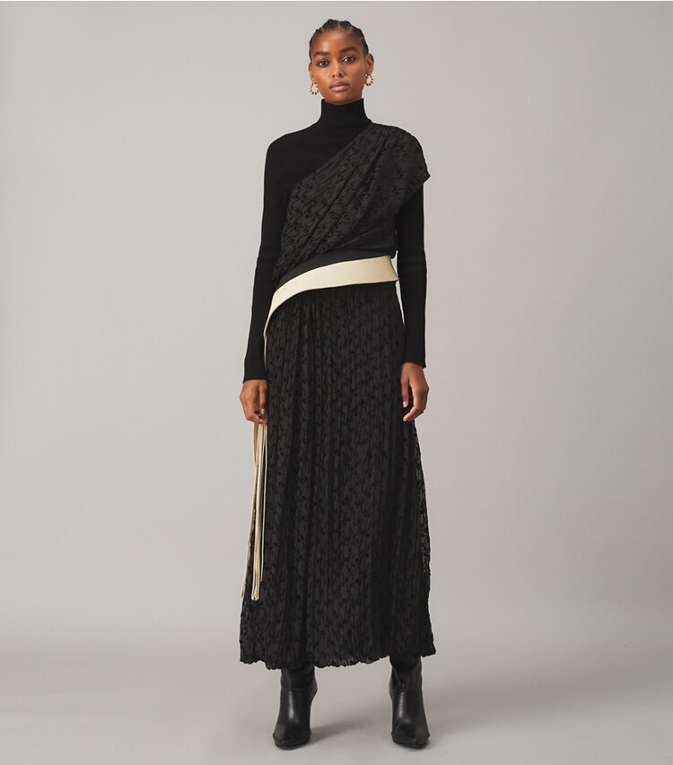 Tory Burch designer dresses Devoré Dress with Trapunto Belt Detail in STENCIL FLORAL DEVORE on model front