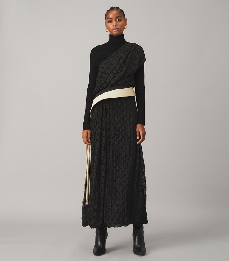 Tory Burch designer dresses Devoré Dress with Trapunto Belt Detail in STENCIL FLORAL DEVORE front