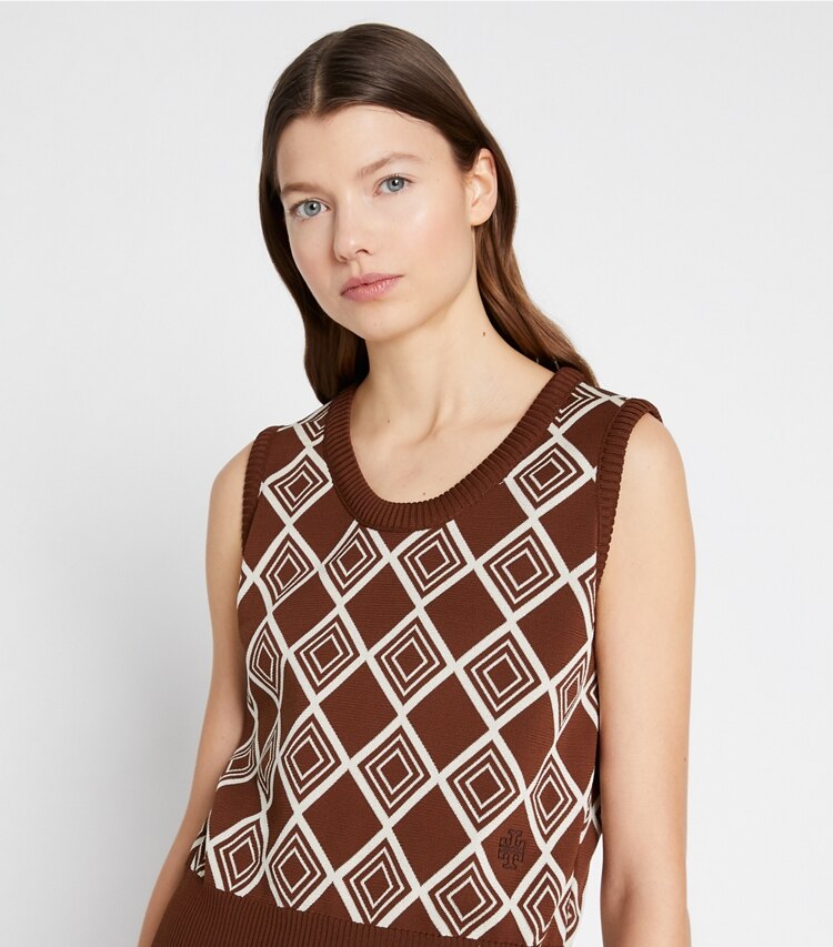 Tory Sport designer sweaters Diamond Jacquard Vest in Rustico Diamond Deco on model detail