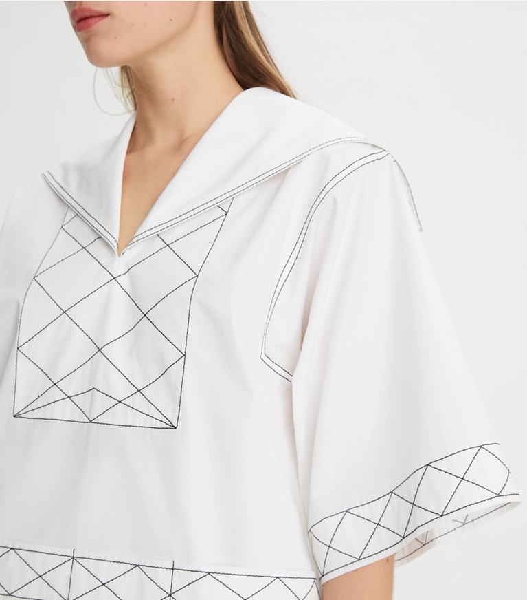 Tory Burch designer tops Diamond Topstitch Poplin Tunic in White front