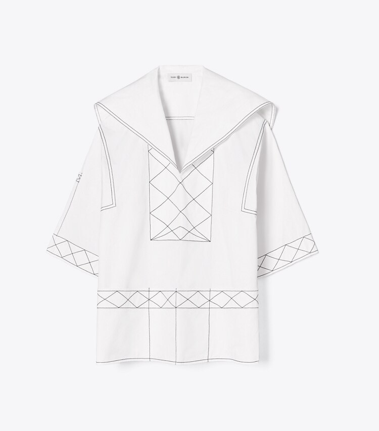 Tory Burch designer tops Diamond Topstitch Poplin Tunic in White front