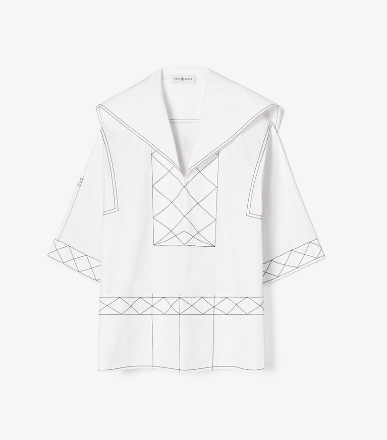 Tory Burch designer tops Diamond Topstitch Poplin Tunic in White front