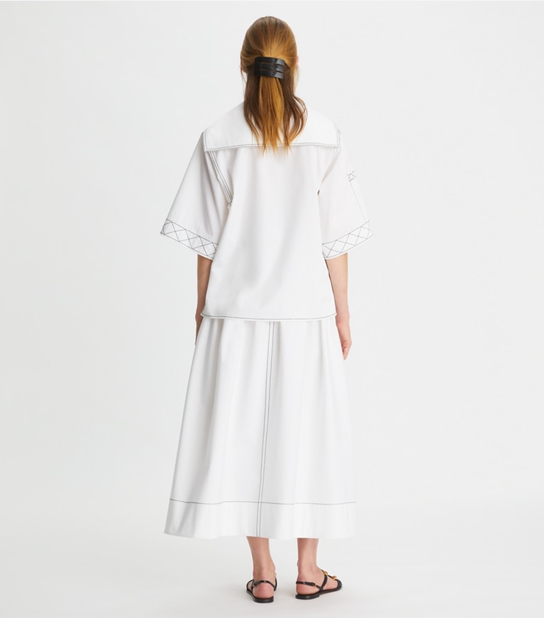 Tory Burch designer tops Diamond Topstitch Poplin Tunic in White front