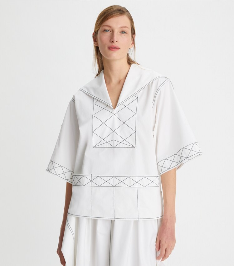 Tory Burch designer tops Diamond Topstitch Poplin Tunic in White on model detail