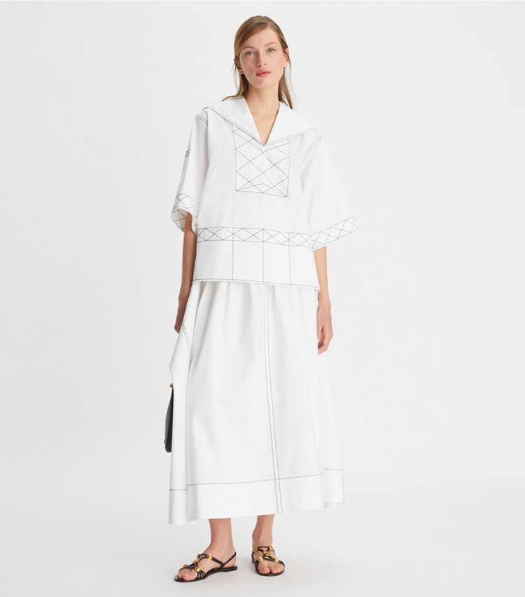Tory Burch designer tops Diamond Topstitch Poplin Tunic in White on model front