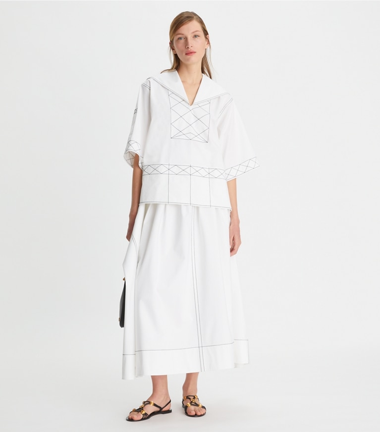 Tory Burch designer tops Diamond Topstitch Poplin Tunic in White front