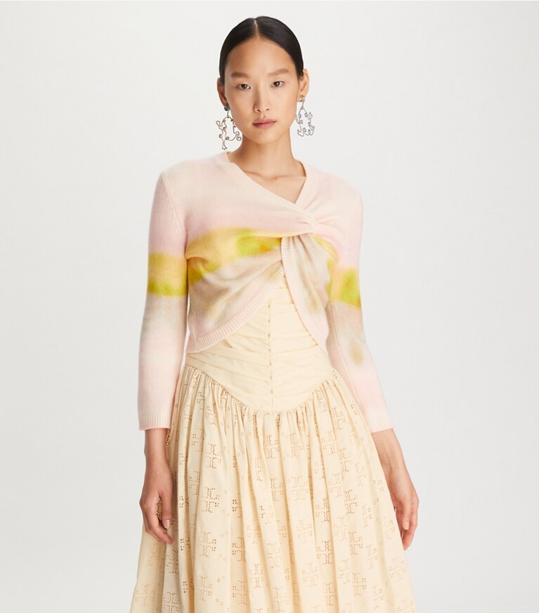 Tory Burch designer sweaters Dip-Dye Cashmere Shrug in Pink Meadow Haze front