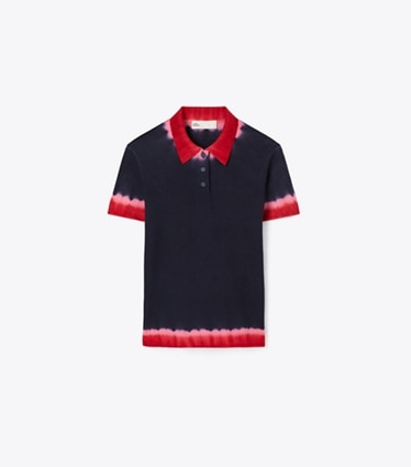 Tory Burch designer セーター ディップダイ ウール ポロシャツ in Medium Navy / Red front