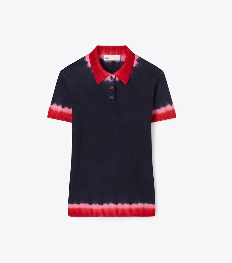 Tory Burch designer sweaters Dip Dye Wool Polo in Medium Navy / Red Jasmine front