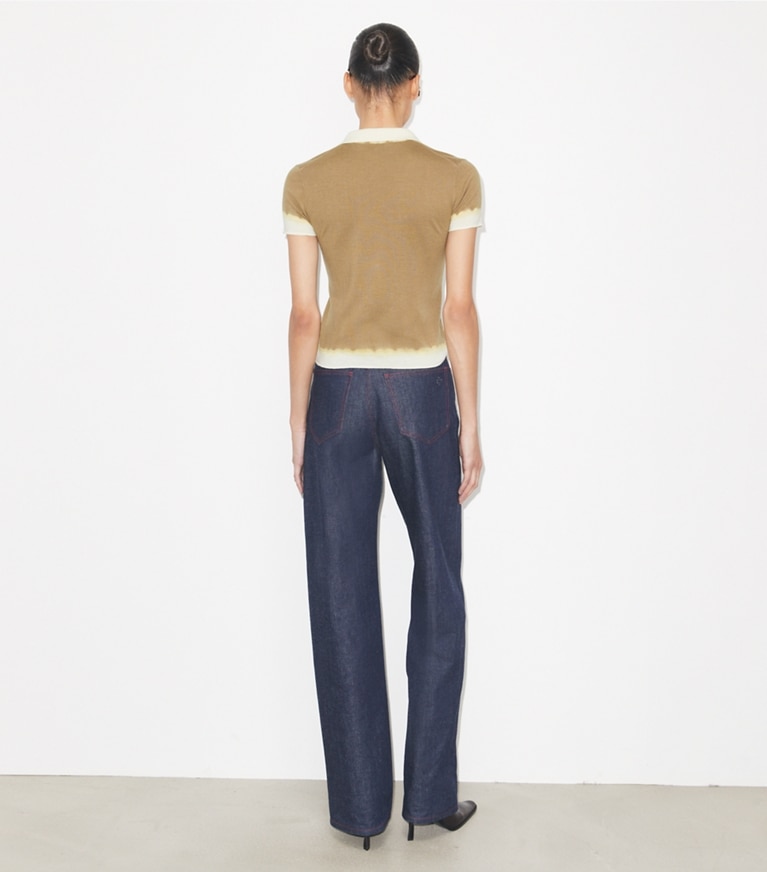 Tory Burch designer sweaters Dip Dye Wool Polo in Olive / White on model back