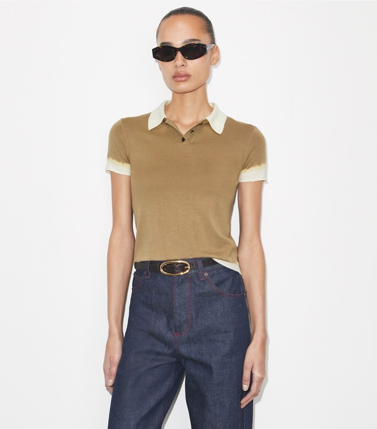 Tory Burch designer sweaters Dip Dye Wool Polo in Olive / White on model detail