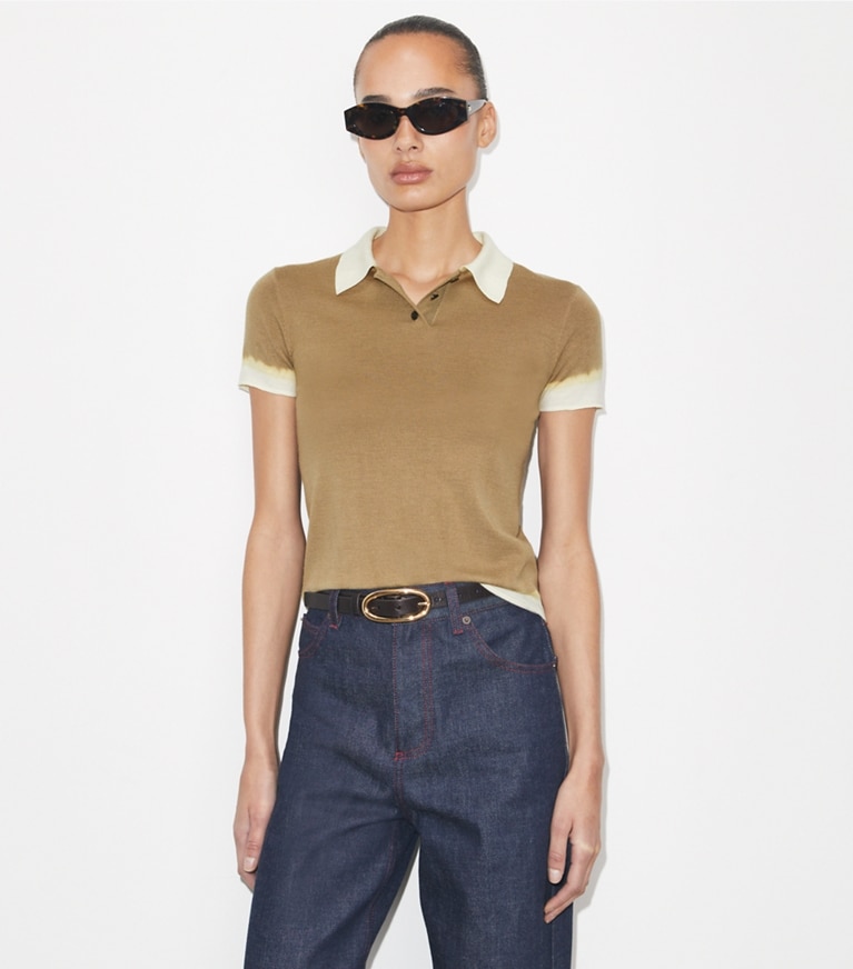 Tory Burch designer sweaters Dip Dye Wool Polo in Olive / White on model detail