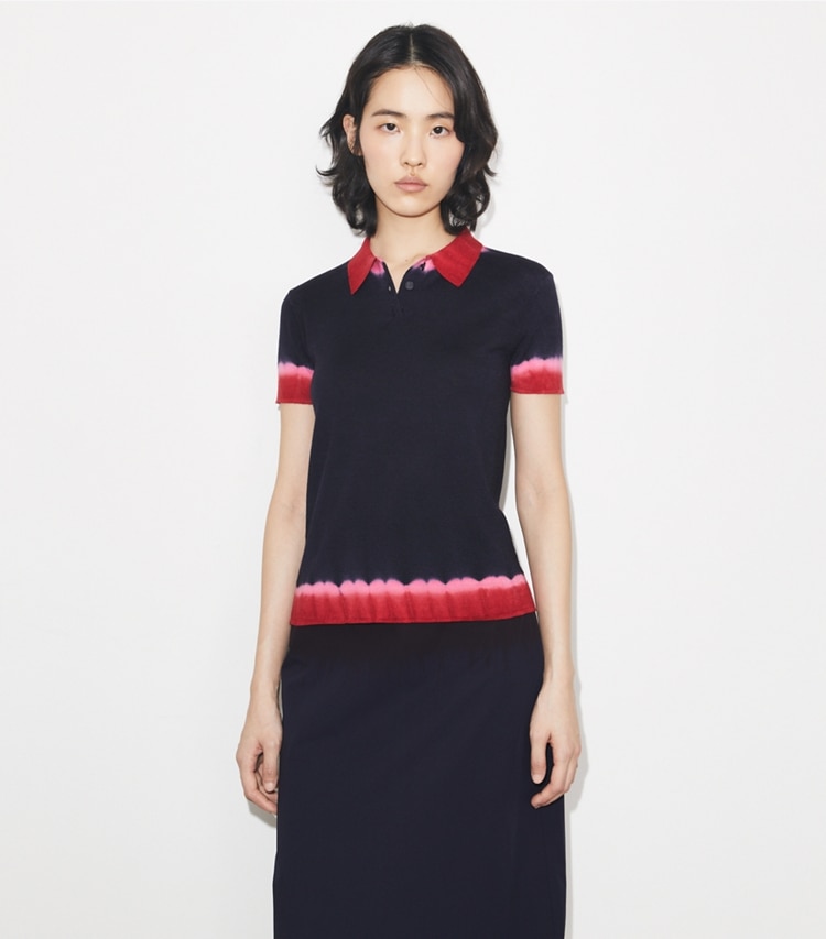 Tory Burch designer sweaters Dip Dye Wool Polo in Medium Navy / Red Jasmine on model detail