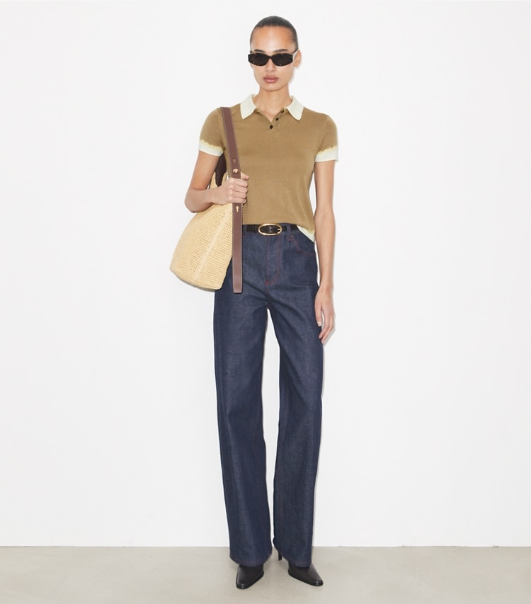 Tory Burch designer sweaters Dip Dye Wool Polo in Olive / White on model front