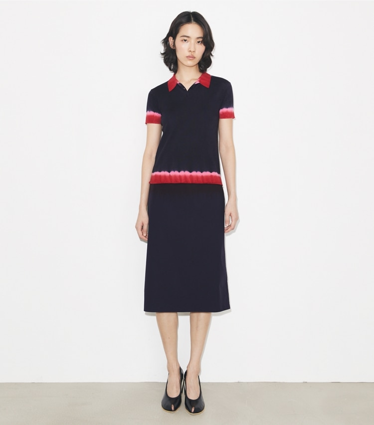 Tory Burch designer sweaters Dip Dye Wool Polo in Medium Navy / Red Jasmine on model front