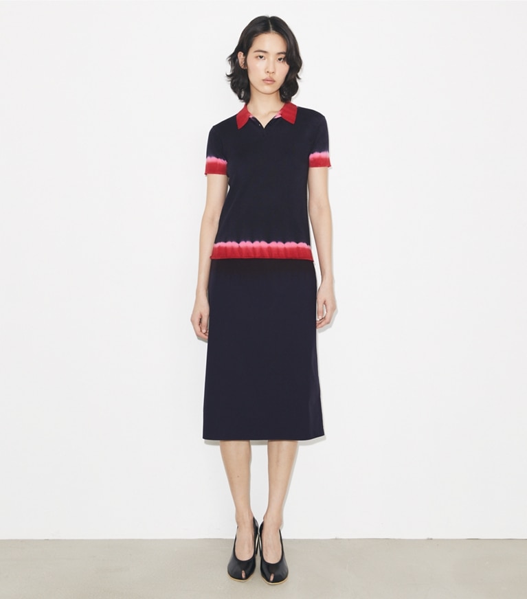 Tory Burch designer sweaters Dip Dye Wool Polo in Medium Navy / Red Jasmine on model front