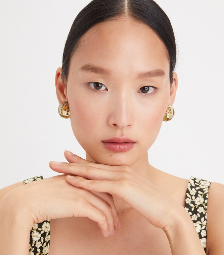 Tory Burch designer earrings Disco Ball Earring in Rolled Gold / Camel accessory on model