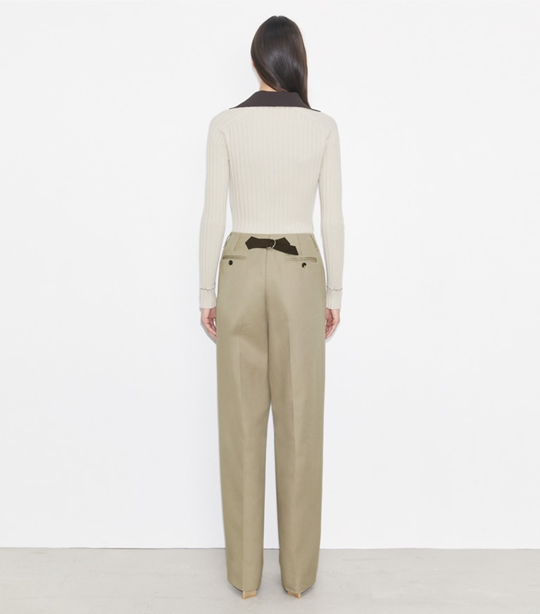 Tory Burch designer bottoms Distressed Cotton Pant in Taupe Gray front