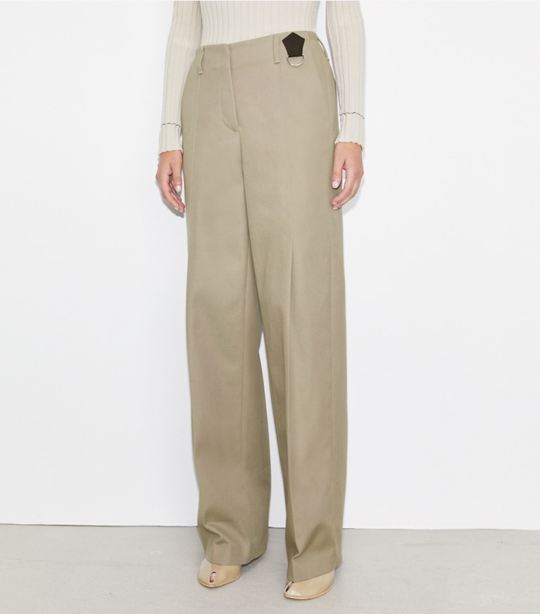 Tory Burch designer bottoms Distressed Cotton Pant in Taupe Gray front
