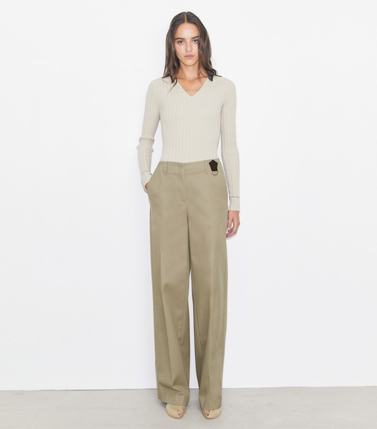 Tory Burch designer bottoms Distressed Cotton Pant in Taupe Gray on model front