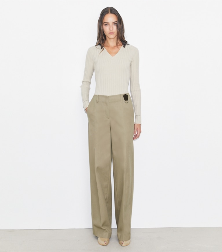 Tory Burch designer bottoms Distressed Cotton Pant in Taupe Gray front