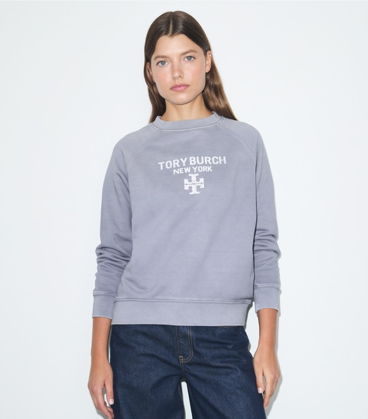 Tory Burch designer sweaters Distressed Cotton Sweatshirt in VAPOR BLUE on model detail