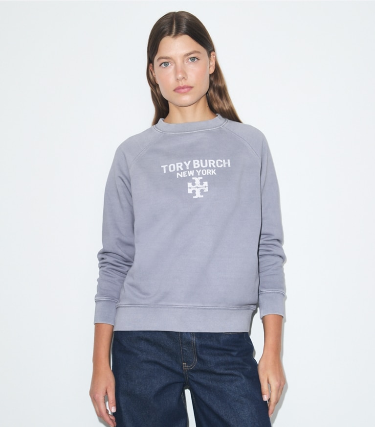 Tory Burch designer sweaters Distressed Cotton Sweatshirt in VAPOR BLUE on model detail
