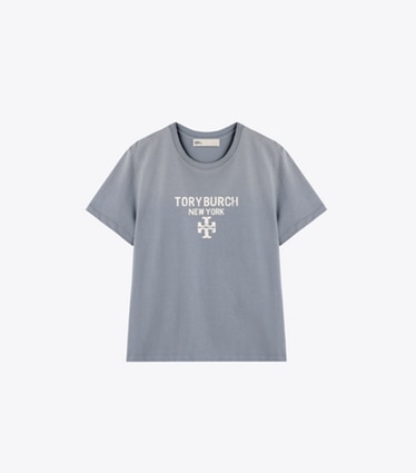 Tory Burch designer トップス ディストレスト コットンTシャツ in VAPOR BLUE front