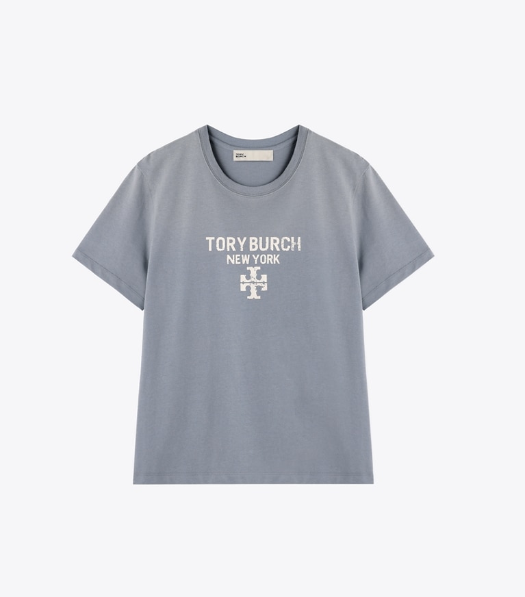 Tory Burch designer トップス ディストレスト コットンTシャツ in VAPOR BLUE front
