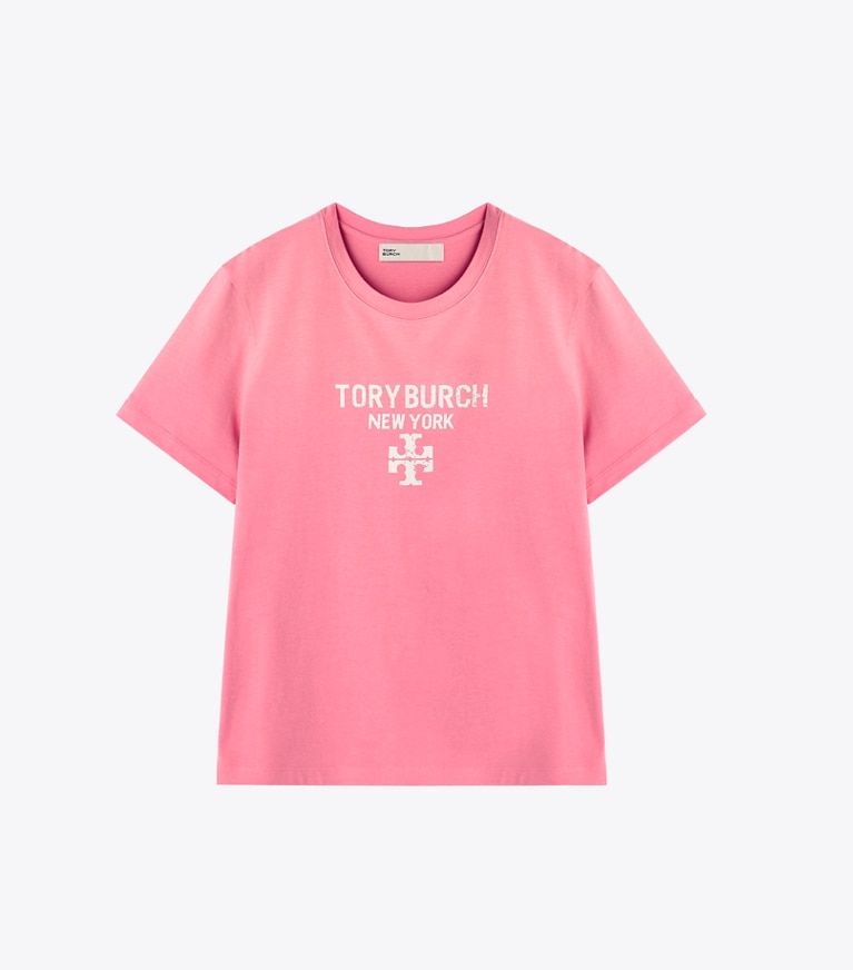 Tory Burch designer トップス ディストレスト コットンTシャツ in Vivid Bubblegum front