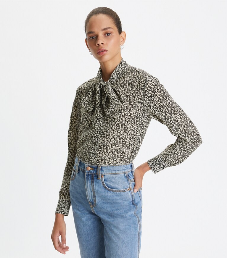 Tory Burch designer tops Ditsy Floral Bow Blouse in Black front