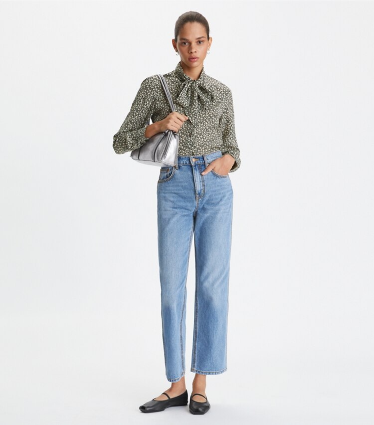 Tory Burch designer tops Ditsy Floral Bow Blouse in Black on model front