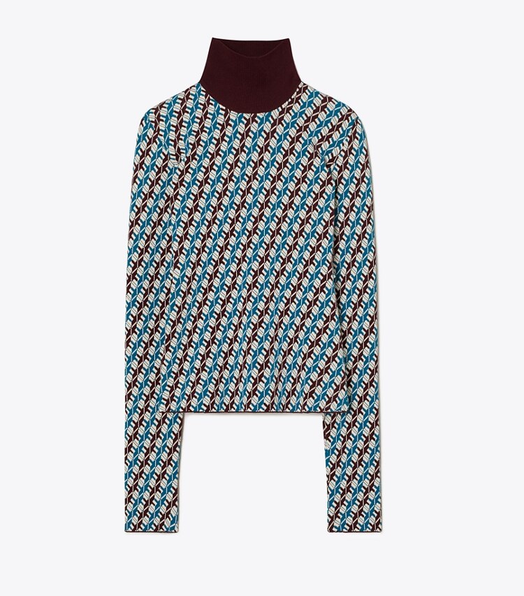 Tory Sport designer maglioni Dolcevita in jacquard in Aqua Blue Linked Geo 3 Color front