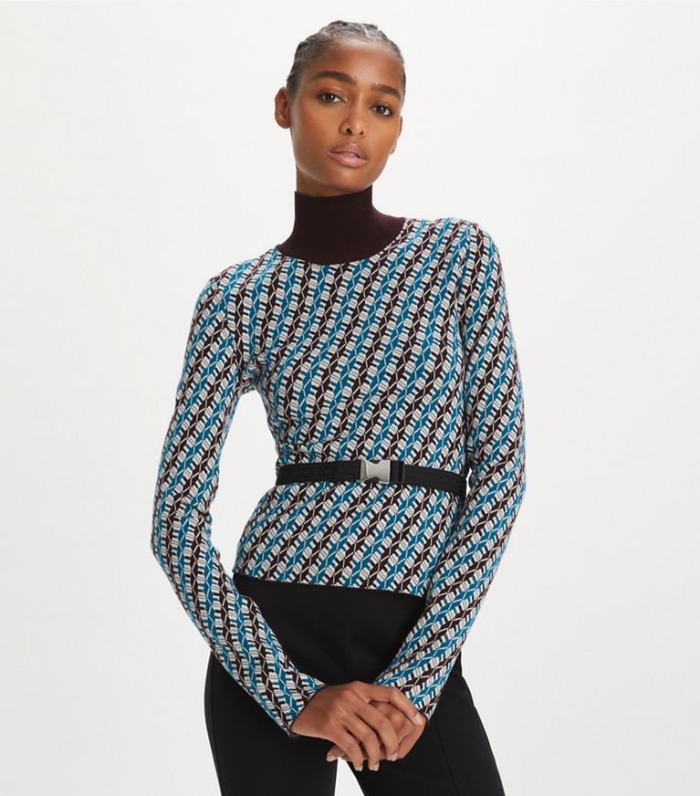 Tory Sport designer maglioni Dolcevita in jacquard in Aqua Blue Linked Geo 3 Color front