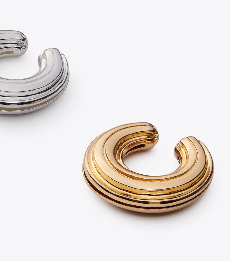 Tory Burch designer earrings Donut Ear Cuff Set in Light Brass / Light Silver front
