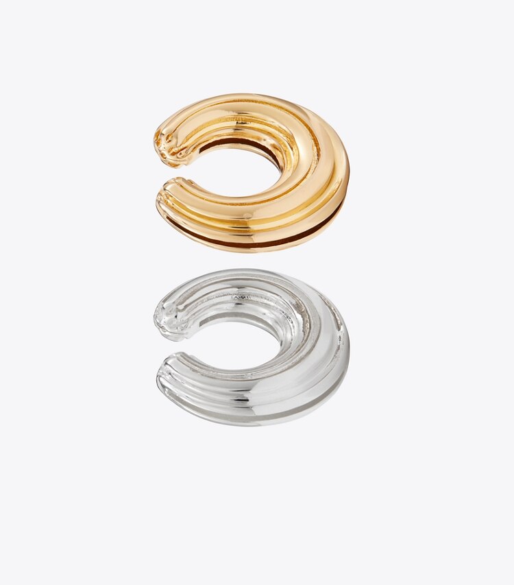 Tory Burch designer earrings Donut Ear Cuff Set in Light Brass / Light Silver front