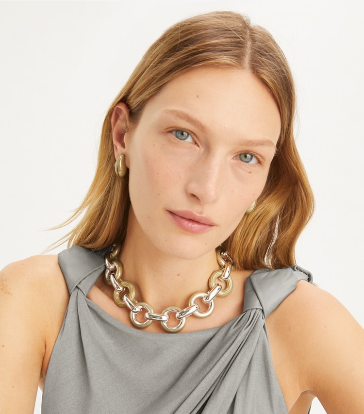 Tory Burch designer necklaces Donut Necklace in Light Silver / Multi accessory on model
